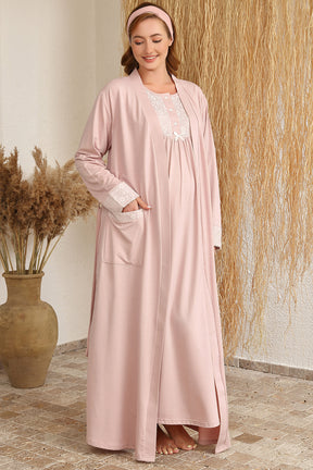 Shopymommy 4416 Lace Collar Maternity & Nursing Nightgown With Robe Powder