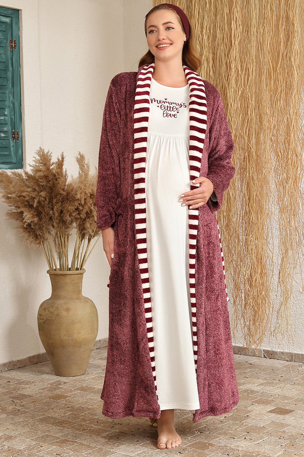 Shopymommy 4420 Little Love Maternity & Nursing Nightgown With Plush Robe Claret Red