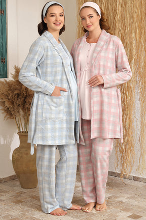 Shopymommy 4424 3-Pieces Maternity & Nursing Pajamas With Plaid Robe Powder