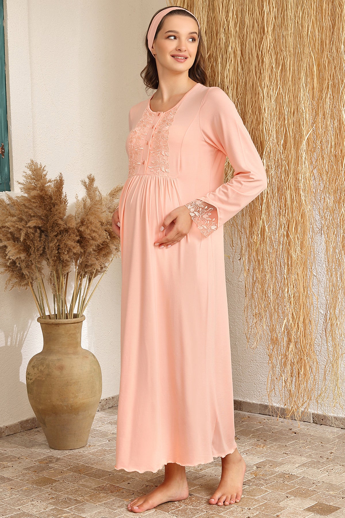 Shopymommy 4426 Lace Sleeve Maternity & Nursing Nightgown Salmon