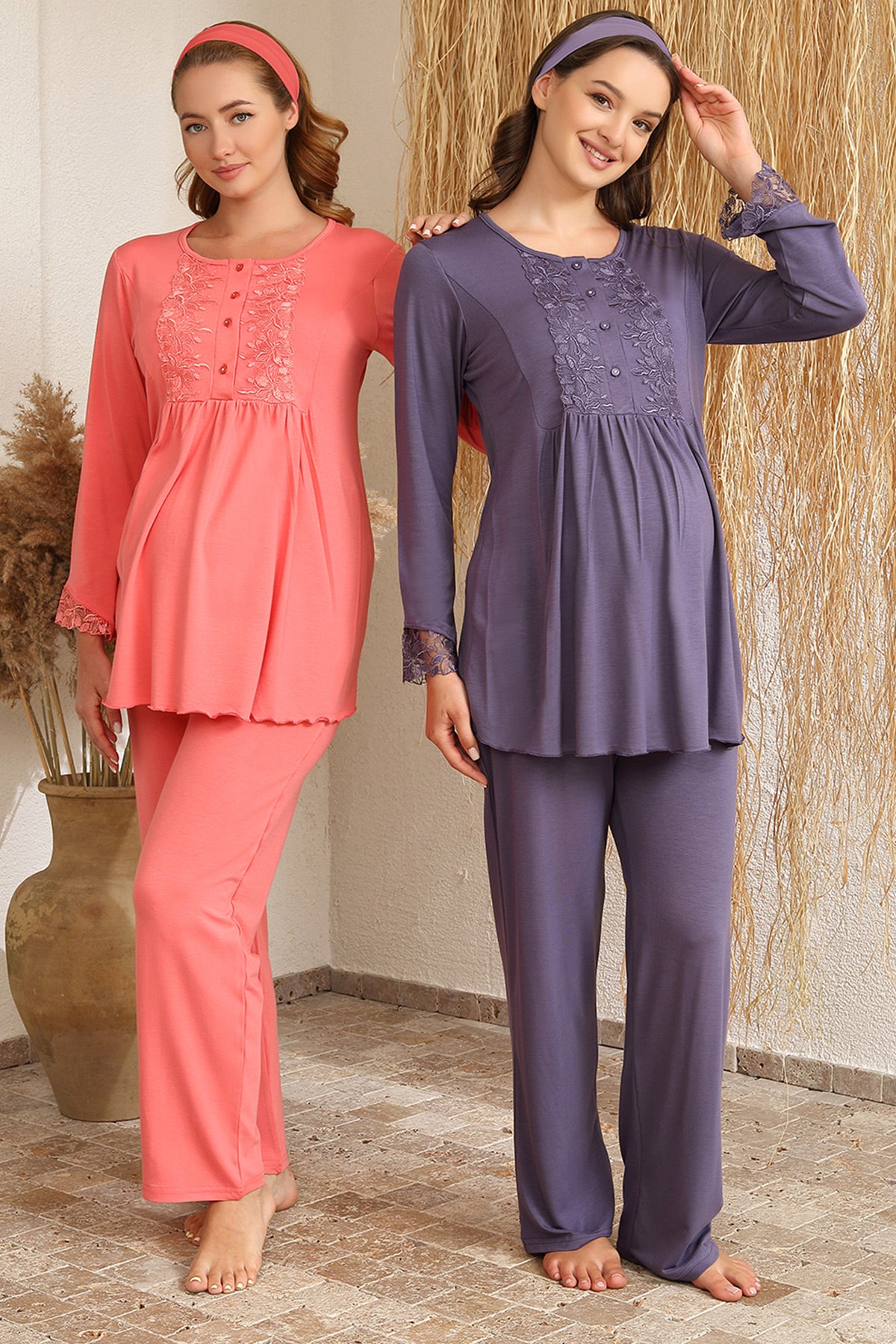 Shopymommy 4427 Lace Sleeve Maternity & Nursing Pajamas