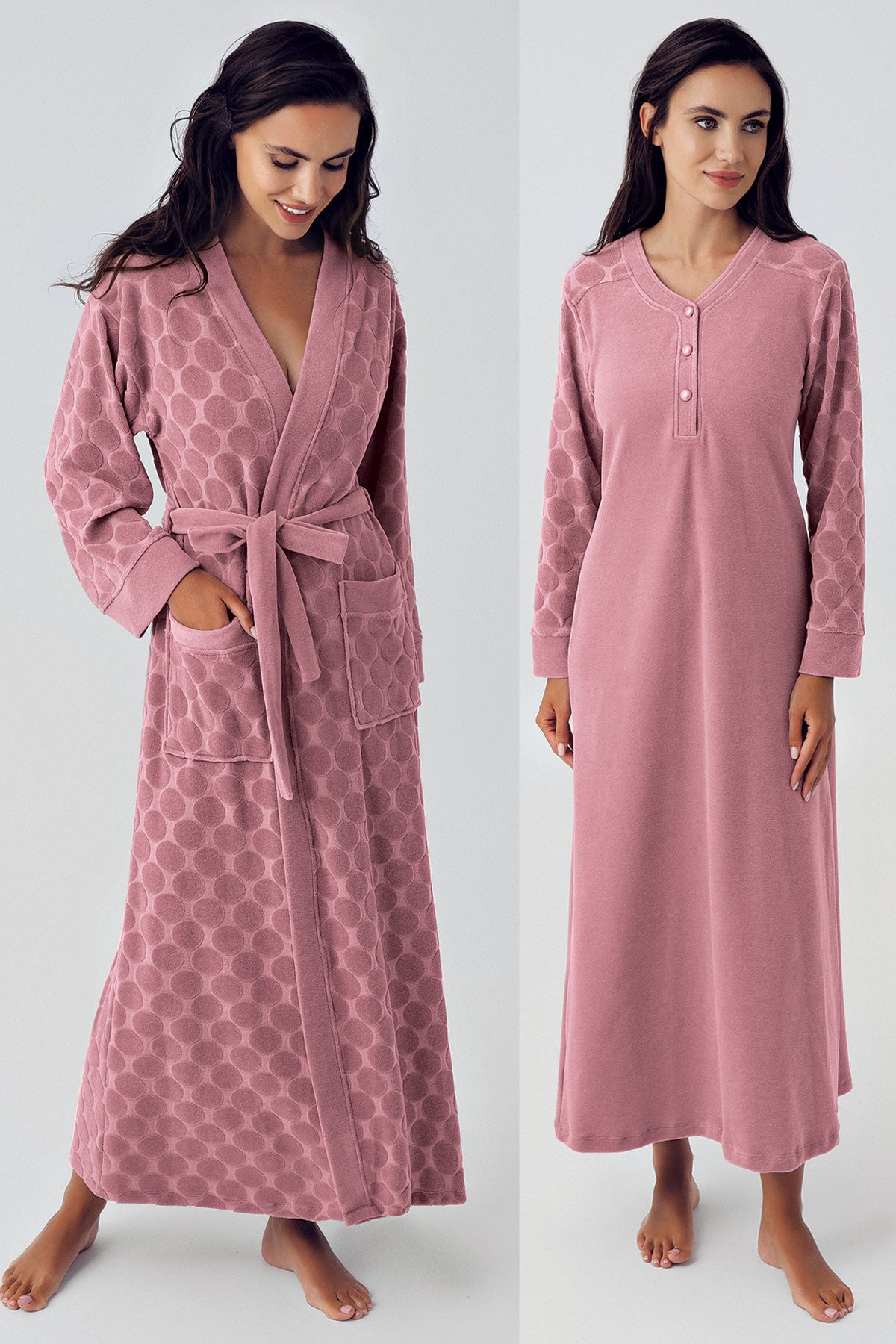 Shopymommy 500101 Terry Jacquard Maternity & Nursing Nightgown With Robe Dried Rose