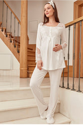 Shopymommy 5015 Lace Collar Maternity & Nursing Pajamas Ecru