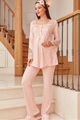 Shopymommy 5015 Lace Collar Maternity & Nursing Pajamas Powder