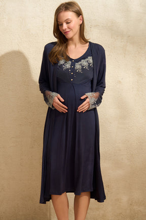 Shopymommy 5777 Maternity & Nursing Nightgown With Lace Sleeve Robe Navy Blue