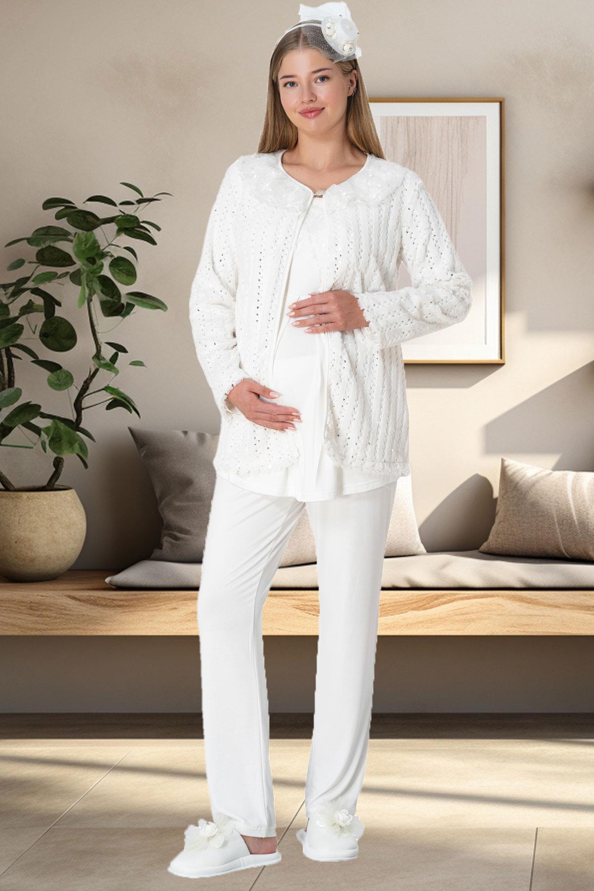 Shopymommy 5911 Lace Sleeve 3-Pieces Maternity & Nursing Pajamas With Plush Robe Ecru