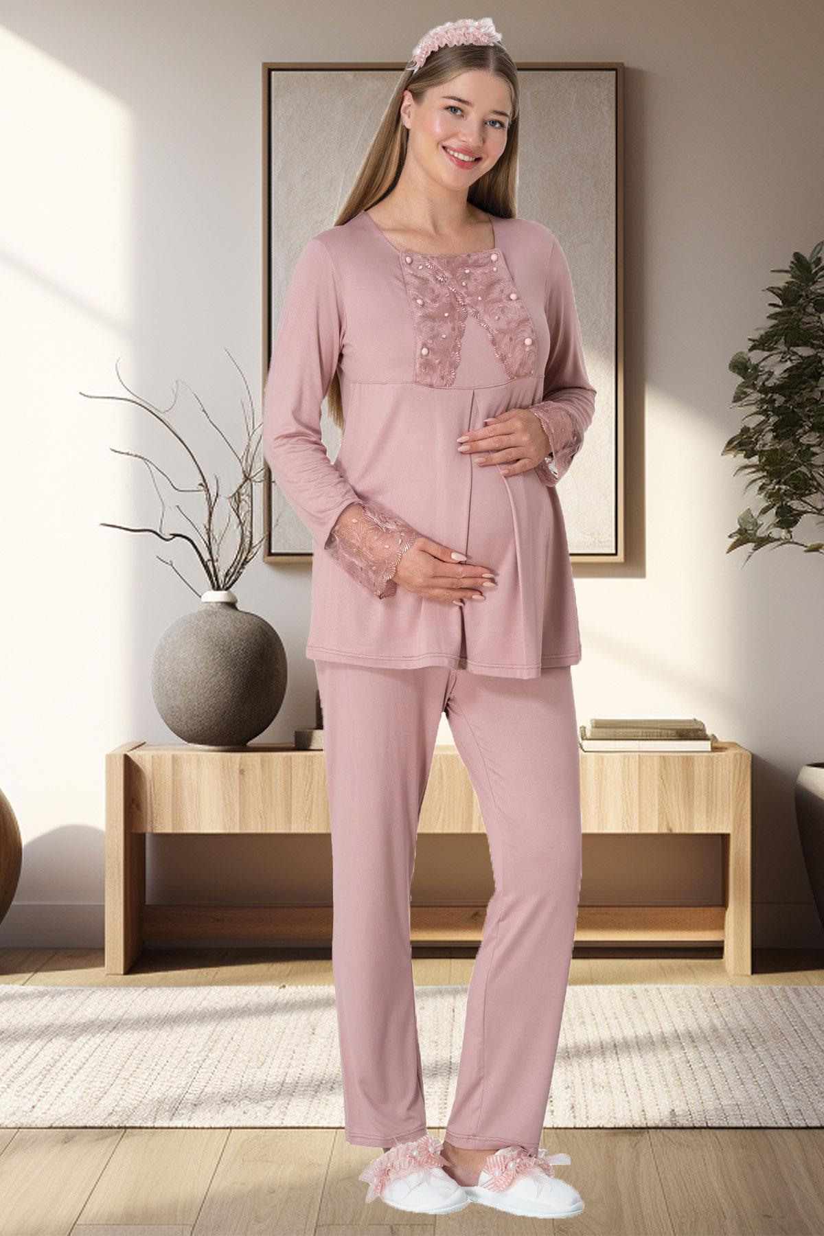 Shopymommy 5911 Lace Sleeve 3-Pieces Maternity & Nursing Pajamas With Plush Robe Powder