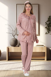 Shopymommy 5911 Lace Sleeve 3-Pieces Maternity & Nursing Pajamas With Plush Robe Powder