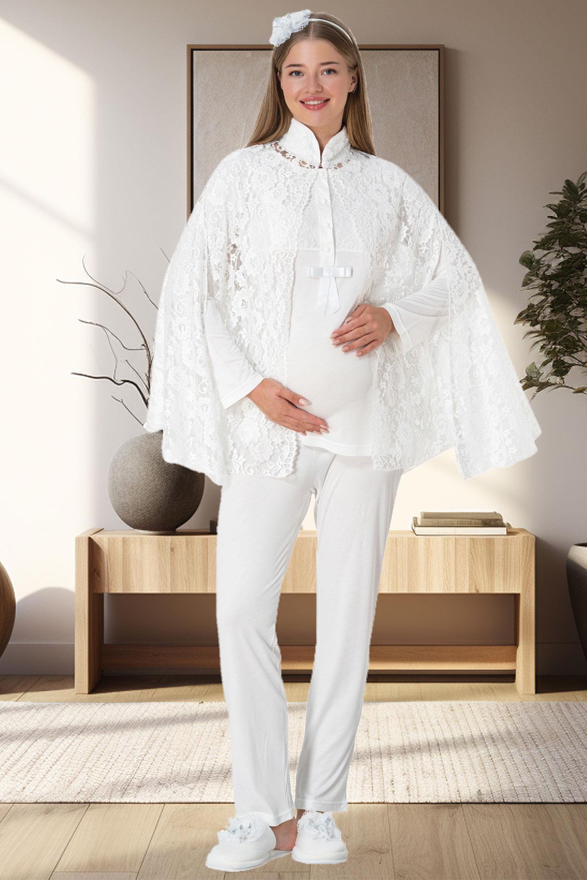 Shopymommy 5912 Lace 3-Pieces Maternity & Nursing Pajamas With Lez Lacy Robe Ecru