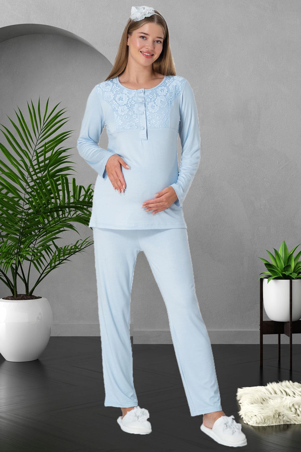 Shopymommy 5912 Lace 3-Pieces Maternity & Nursing Pajamas With Lez Lacy Robe Blue