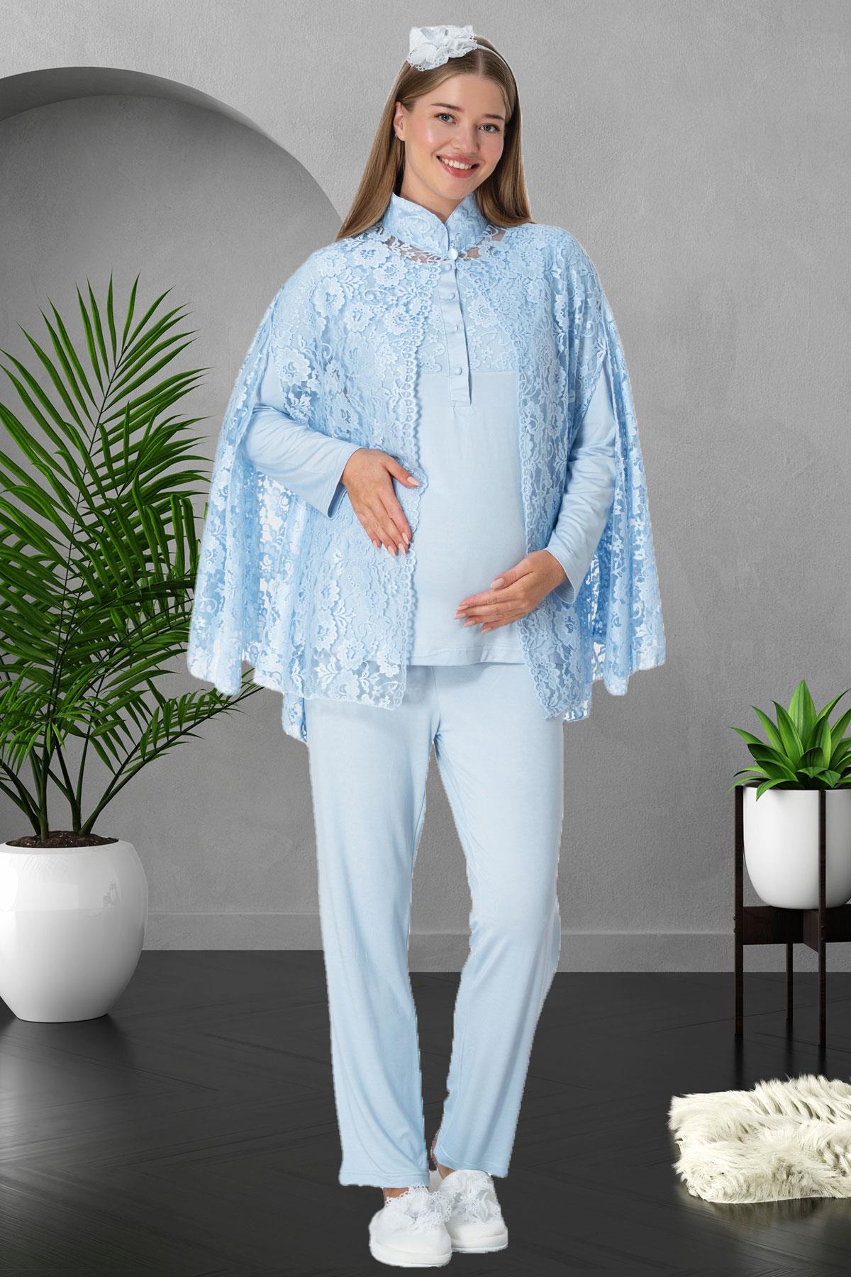Shopymommy 5912 Lace 3-Pieces Maternity & Nursing Pajamas With Lez Lacy Robe Blue