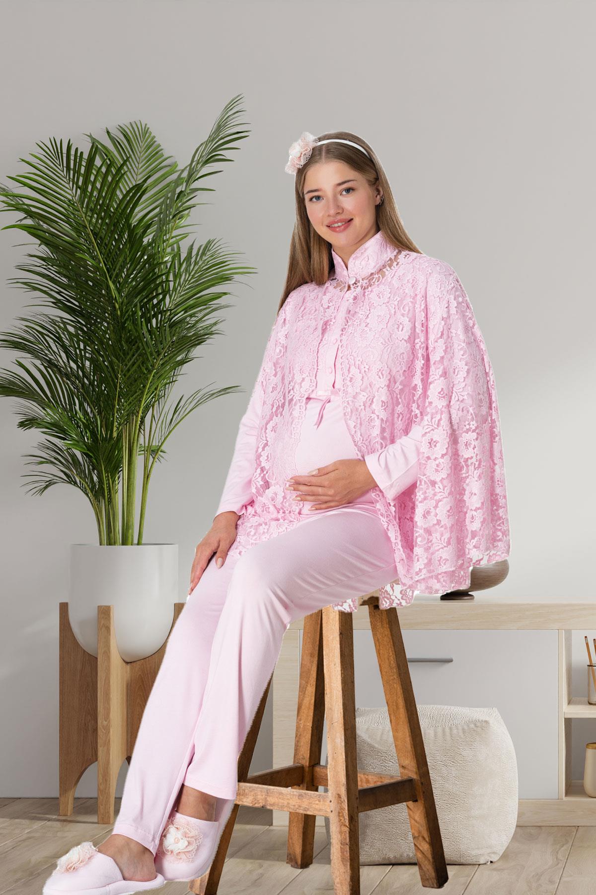 Shopymommy 5912 Lace 3-Pieces Maternity & Nursing Pajamas With Lez Lacy Robe Pink