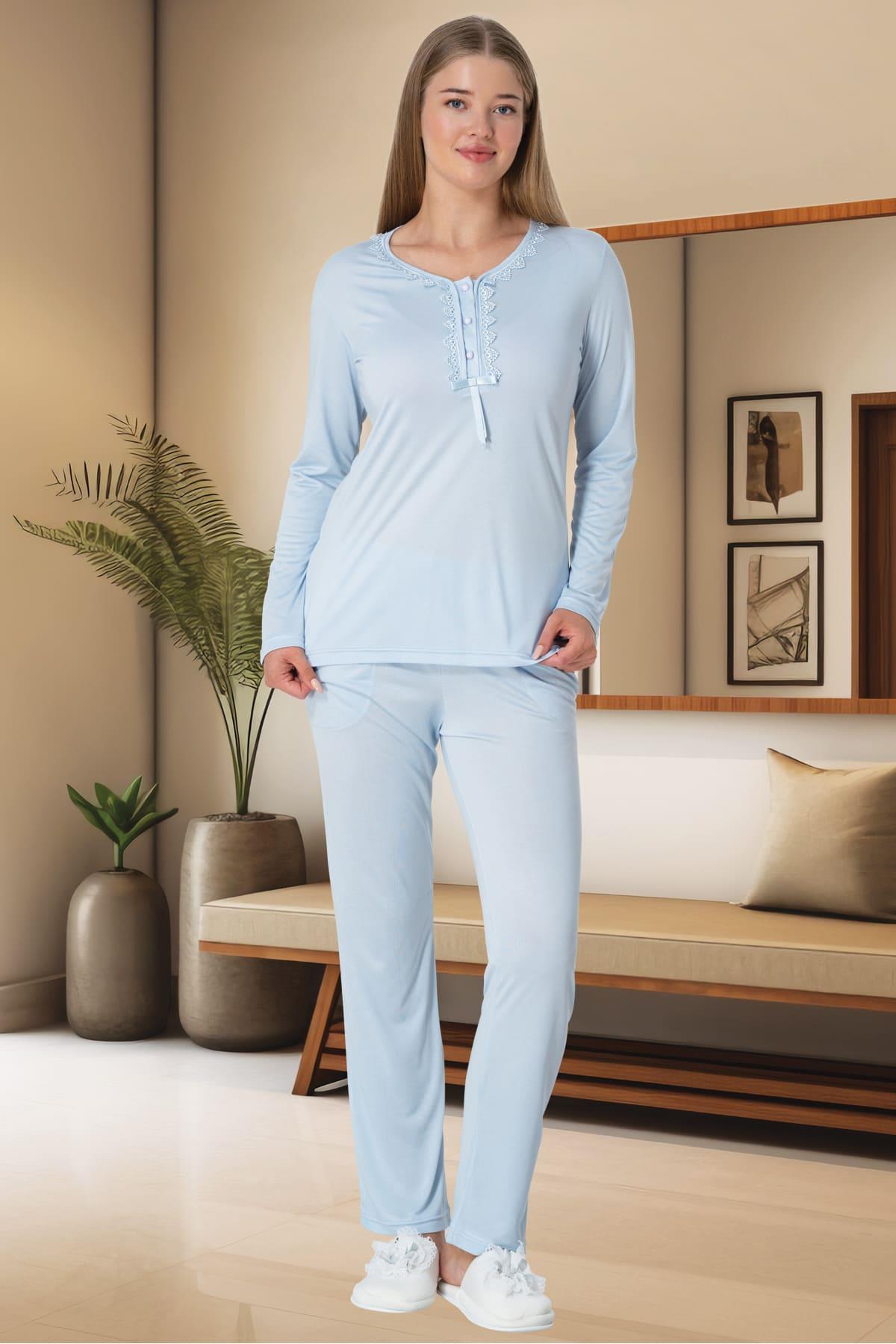 Shopymommy 5919 Lace Collar Plus Size Maternity & Nursing Pajamas Blue
