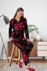 Shopymommy 5922 Flower Patterned Maternity & Nursing Pajamas Black