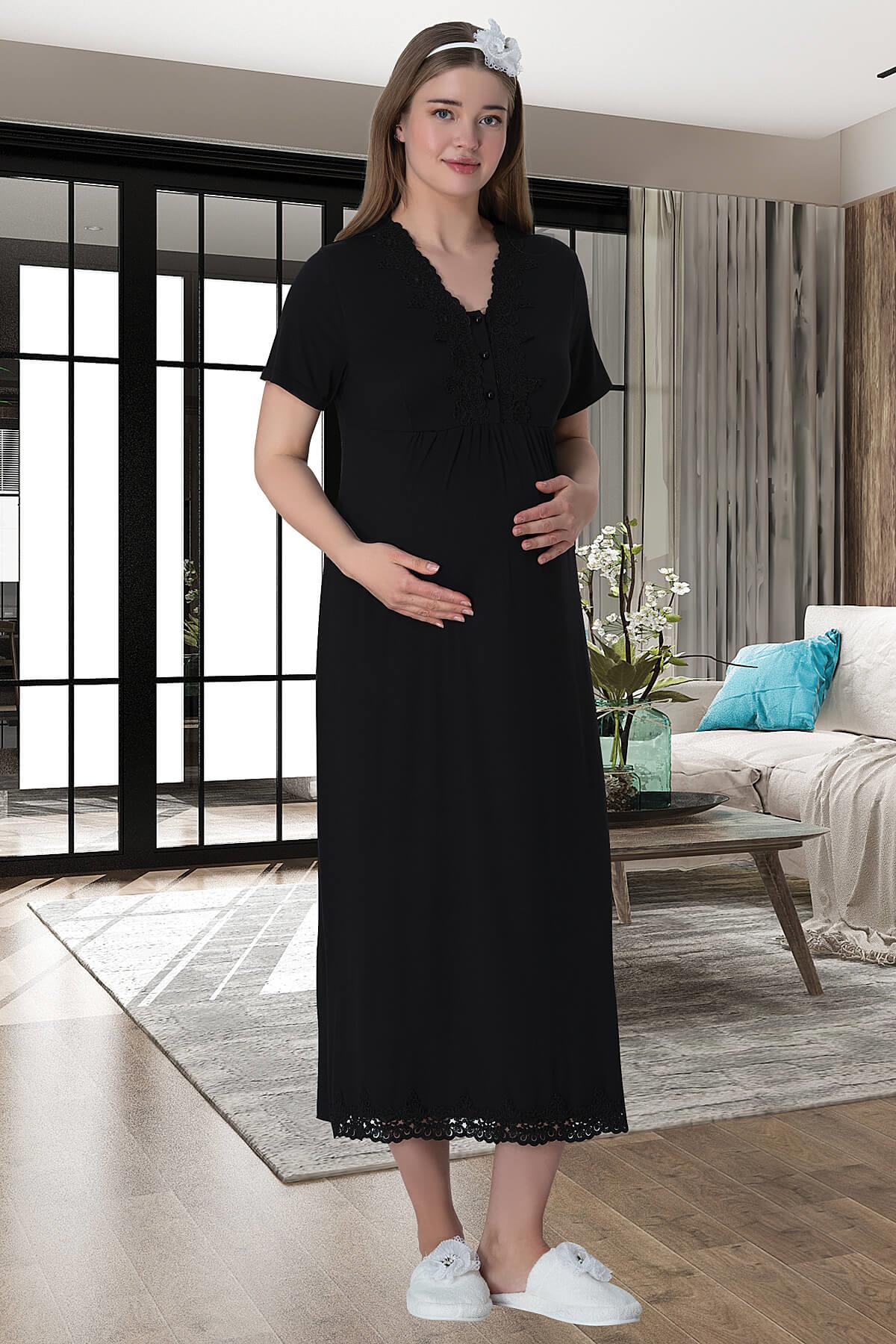 Shopymommy 6004 Lace Maternity & Nursing Nightgown With Patterned Robe Black