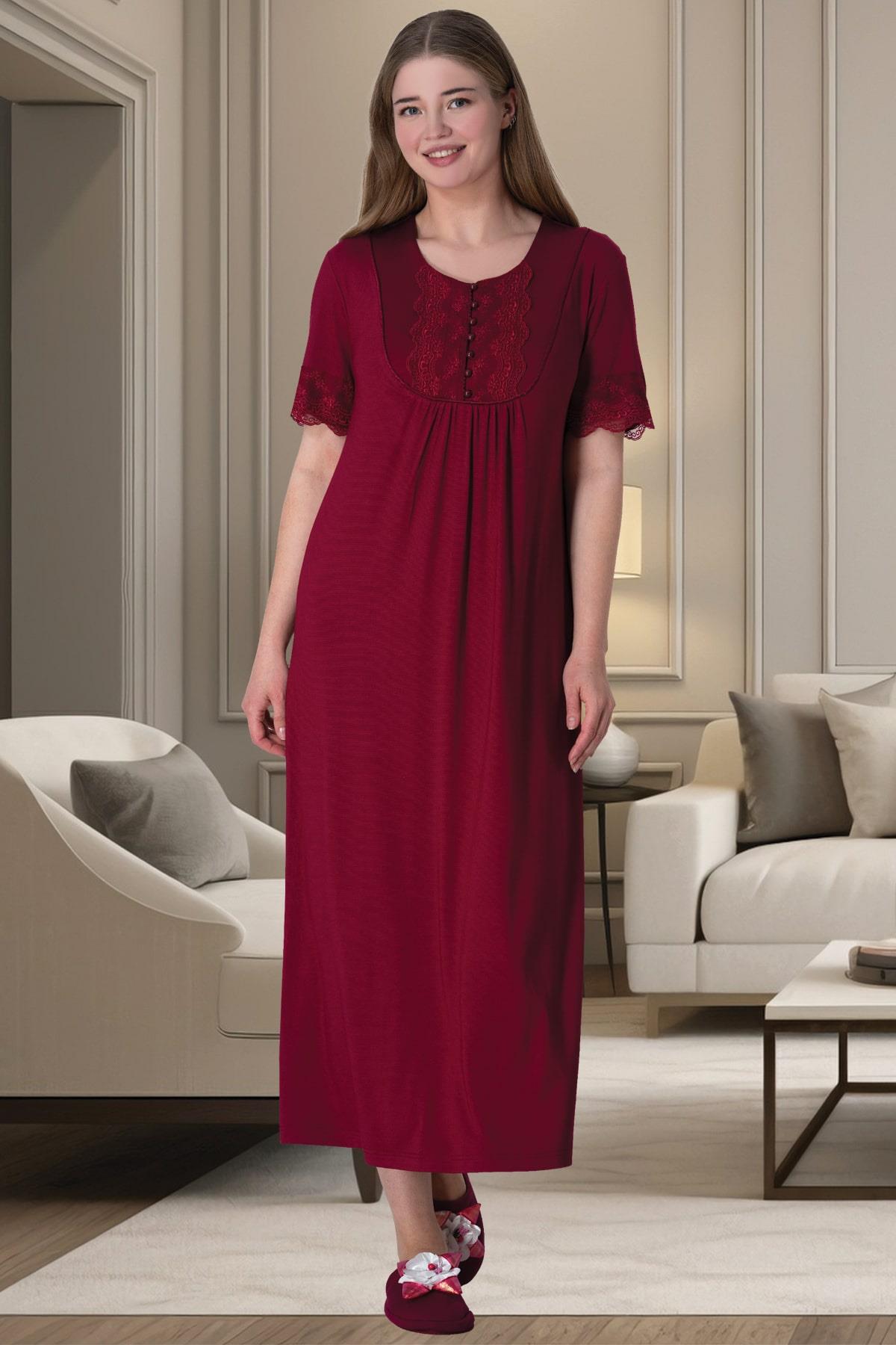 Shopymommy 6029 Guipure Collar Plus Size Maternity & Nursing Nightgown Claret Red
