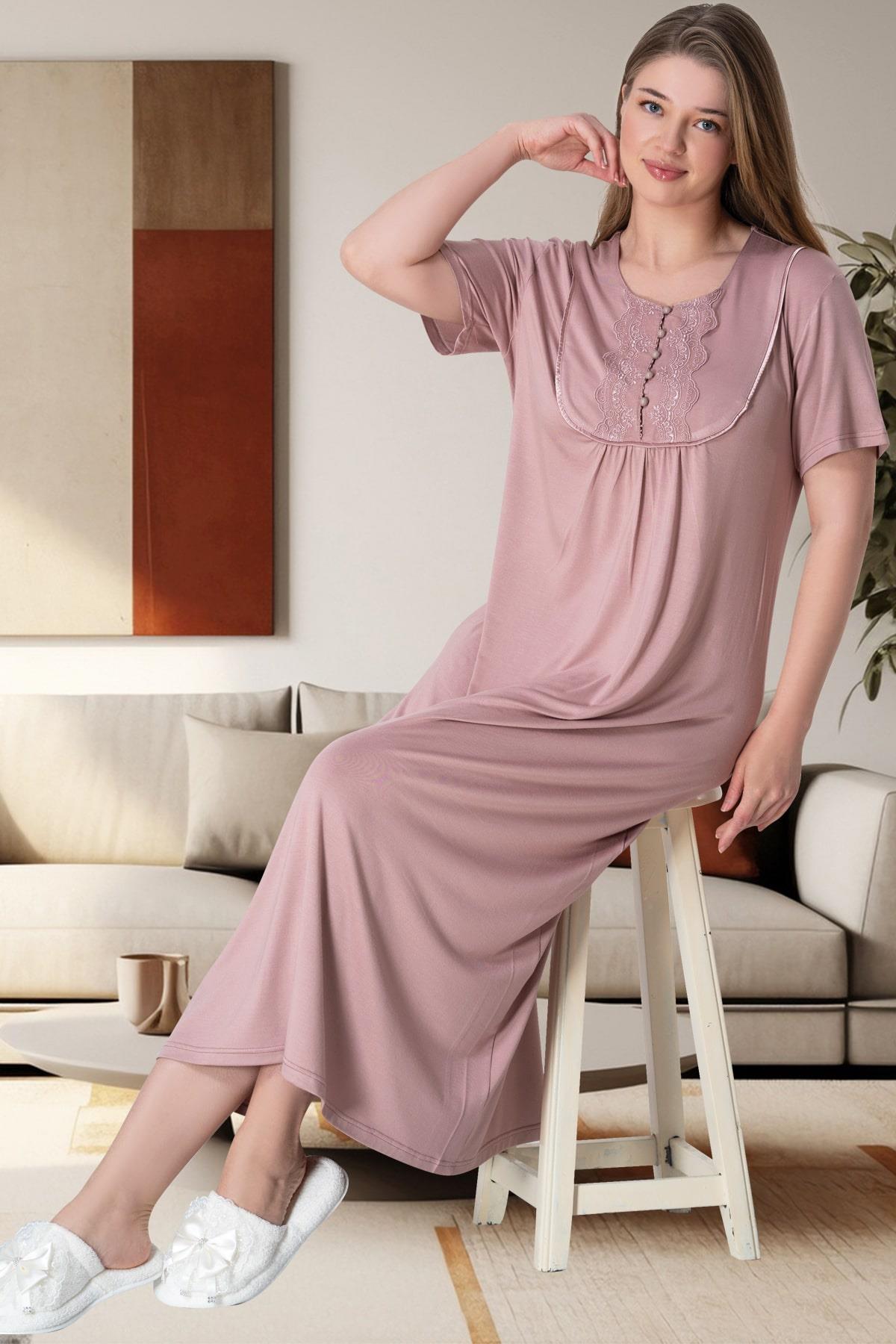 Shopymommy 6029 Guipure Collar Plus Size Maternity & Nursing Nightgown Dried Rose