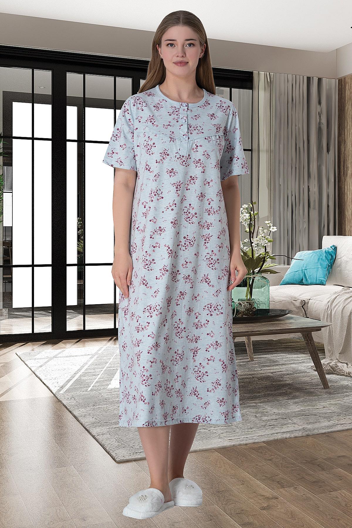Shopymommy 6030 Flower Pattern Plus Size Maternity & Nursing Nightgown Blue