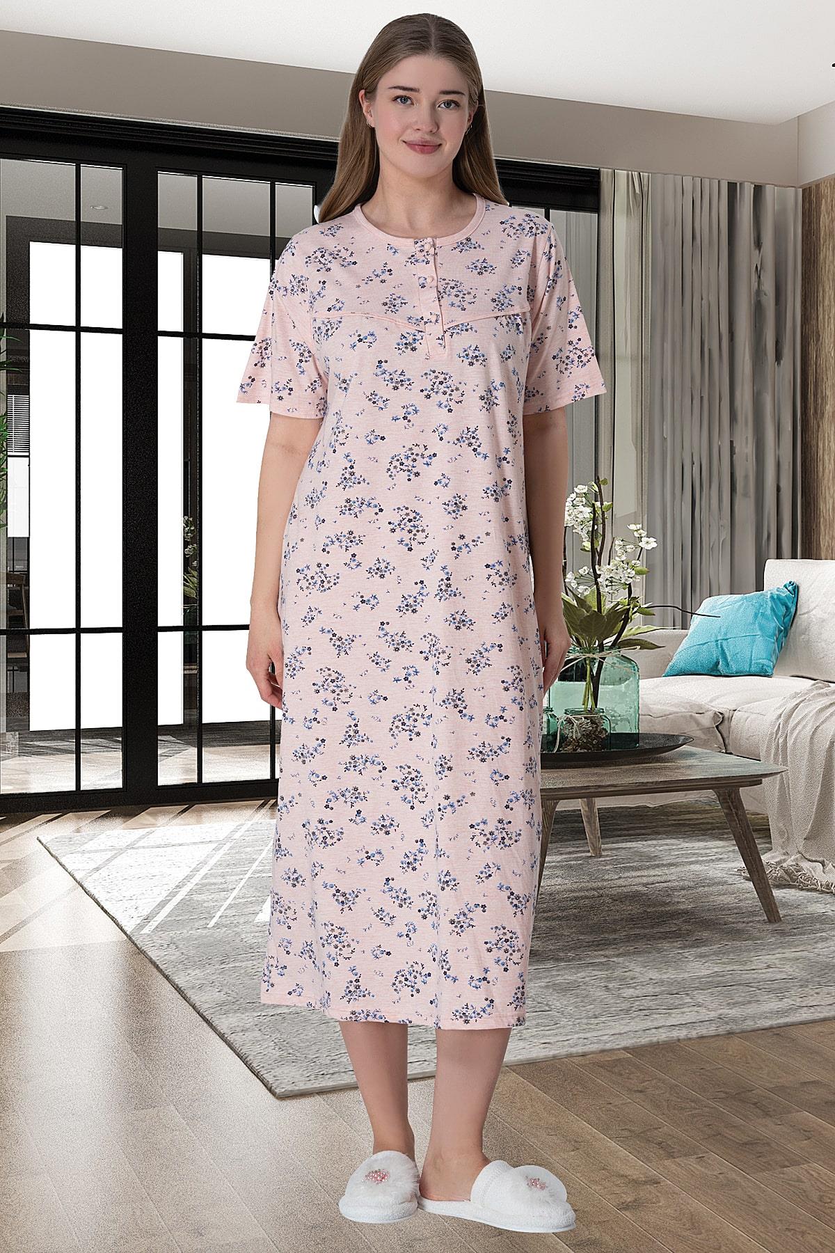 Shopymommy 6030 Flower Pattern Plus Size Maternity & Nursing Nightgown Powder