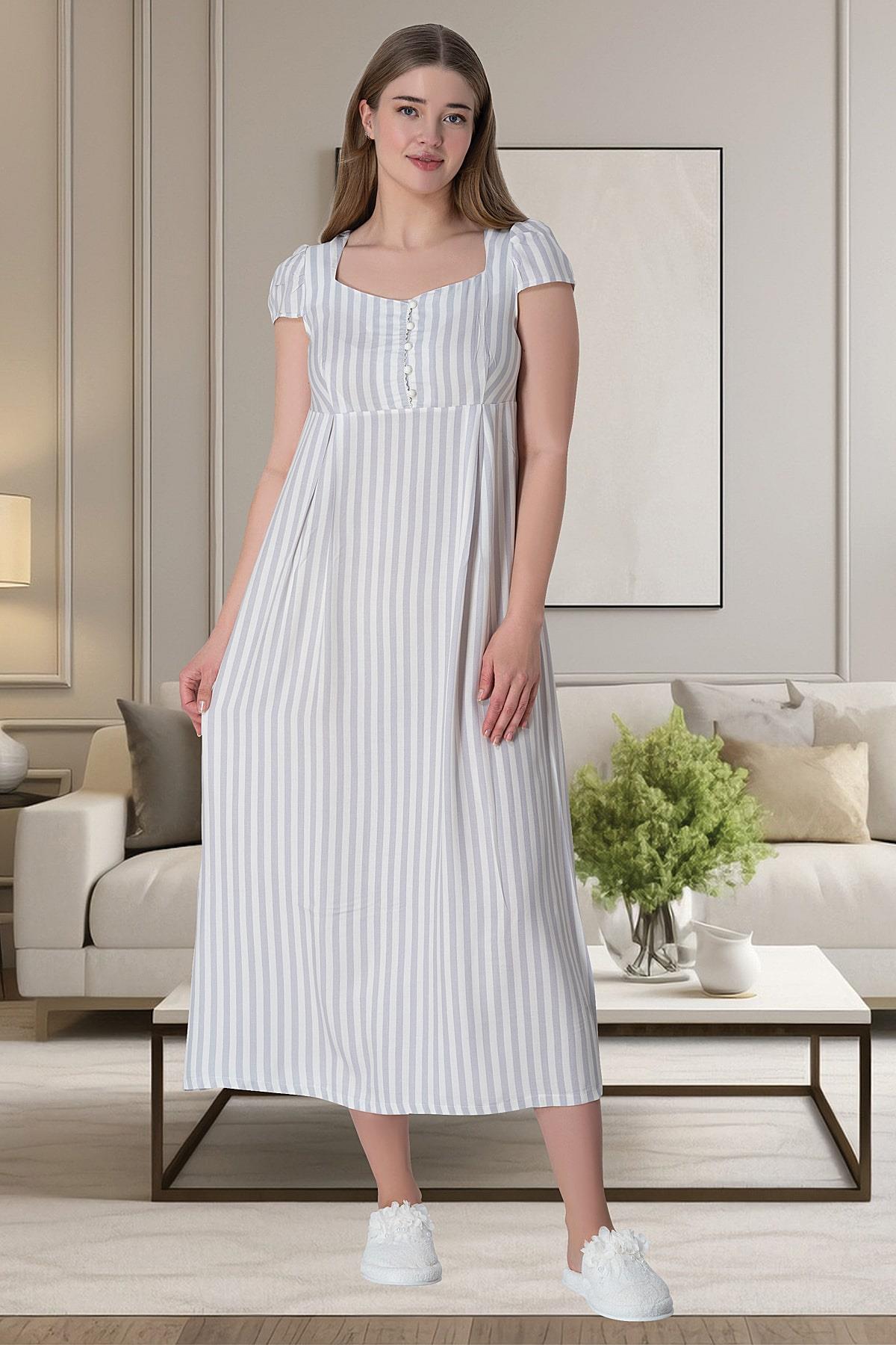Shopymommy 6050 Stripe Woven Maternity & Nursing Nightgown Grey
