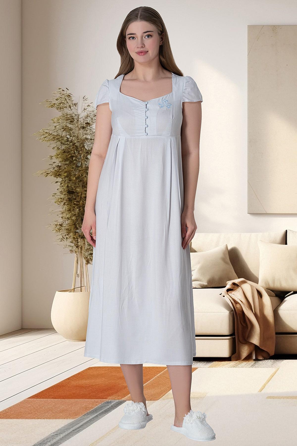 Shopymommy 6052 Striped Maternity & Nursing Nightgown Grey