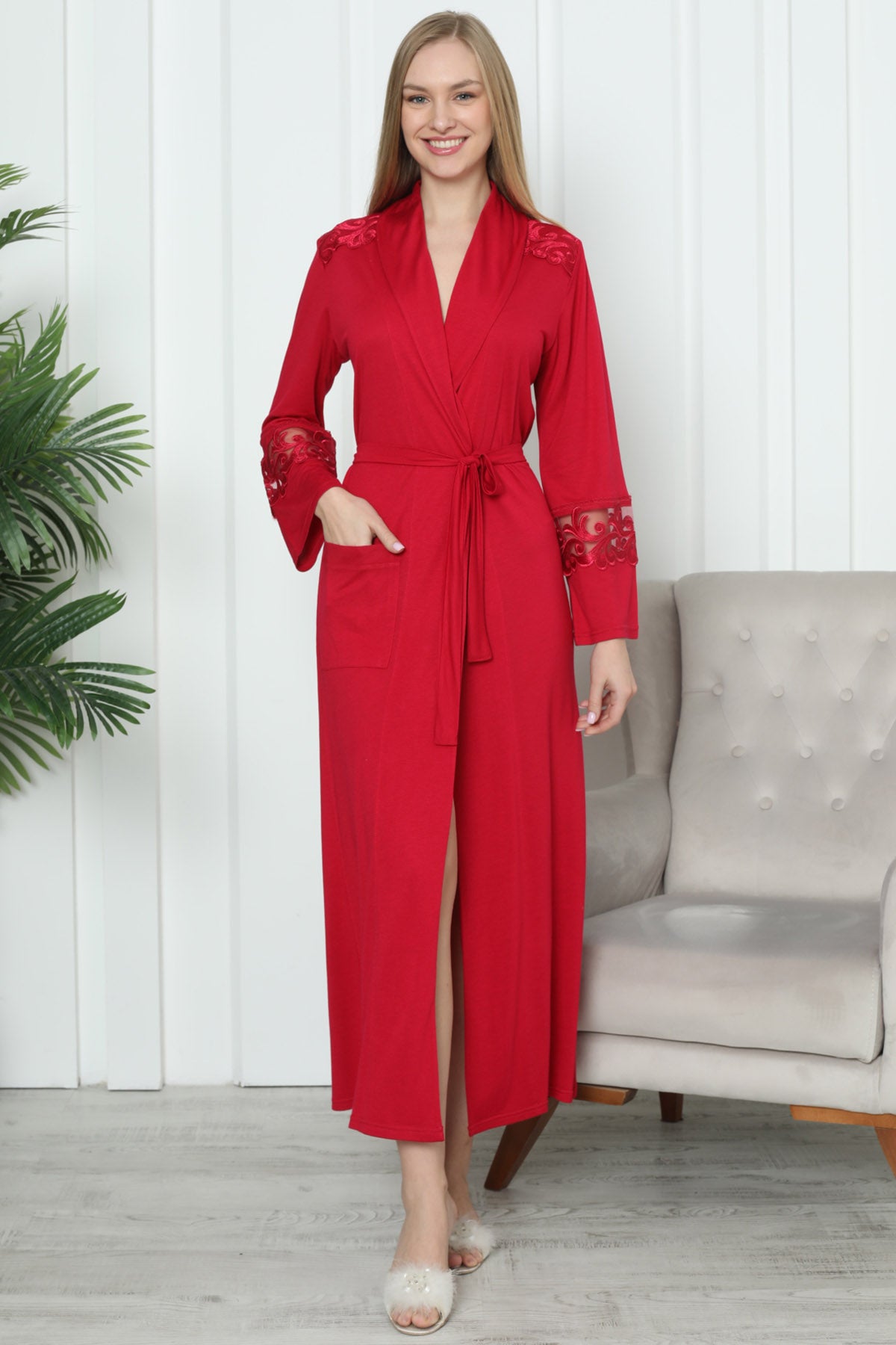 Shopymommy 0817 Lace Sleeve Maternity Robe Red