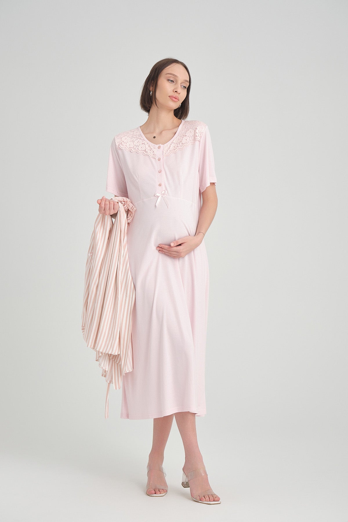 Shopymommy 2386 Lace Collar Maternity & Nursing Nightgown With Stripe Robe Pink