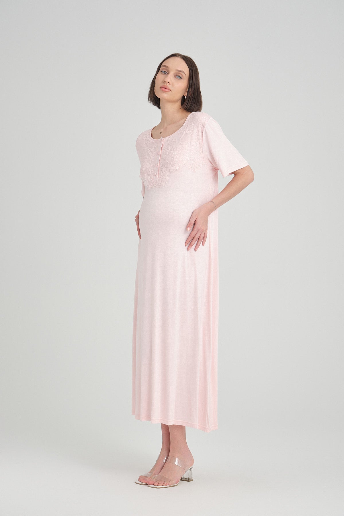 Shopymommy 2402 Lace Maternity & Nursing Nightgown With Embroidered Robe Pink