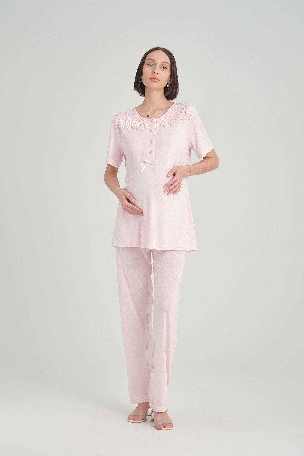 Shopymommy 2369 Lace Collar 3-Pieces Maternity & Nursing Pajamas With Stripe Robe Pink
