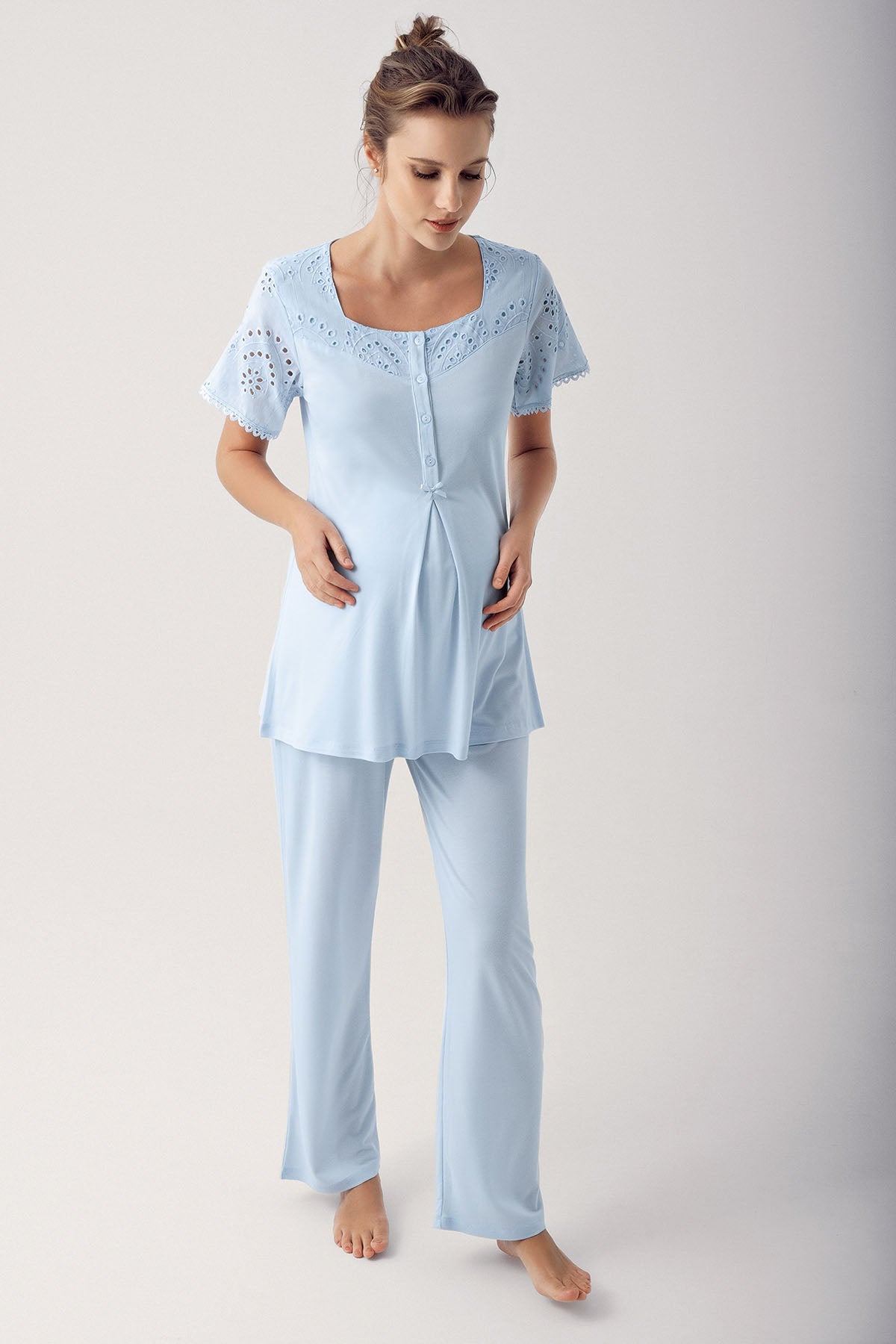 Shopymommy 12305 Motif Embroidered 3-Pieces Maternity & Nursing Pajamas With Robe Blue