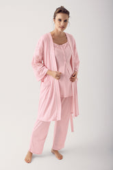 Shopymommy 12305 Motif Embroidered 3-Pieces Maternity & Nursing Pajamas With Robe Powder