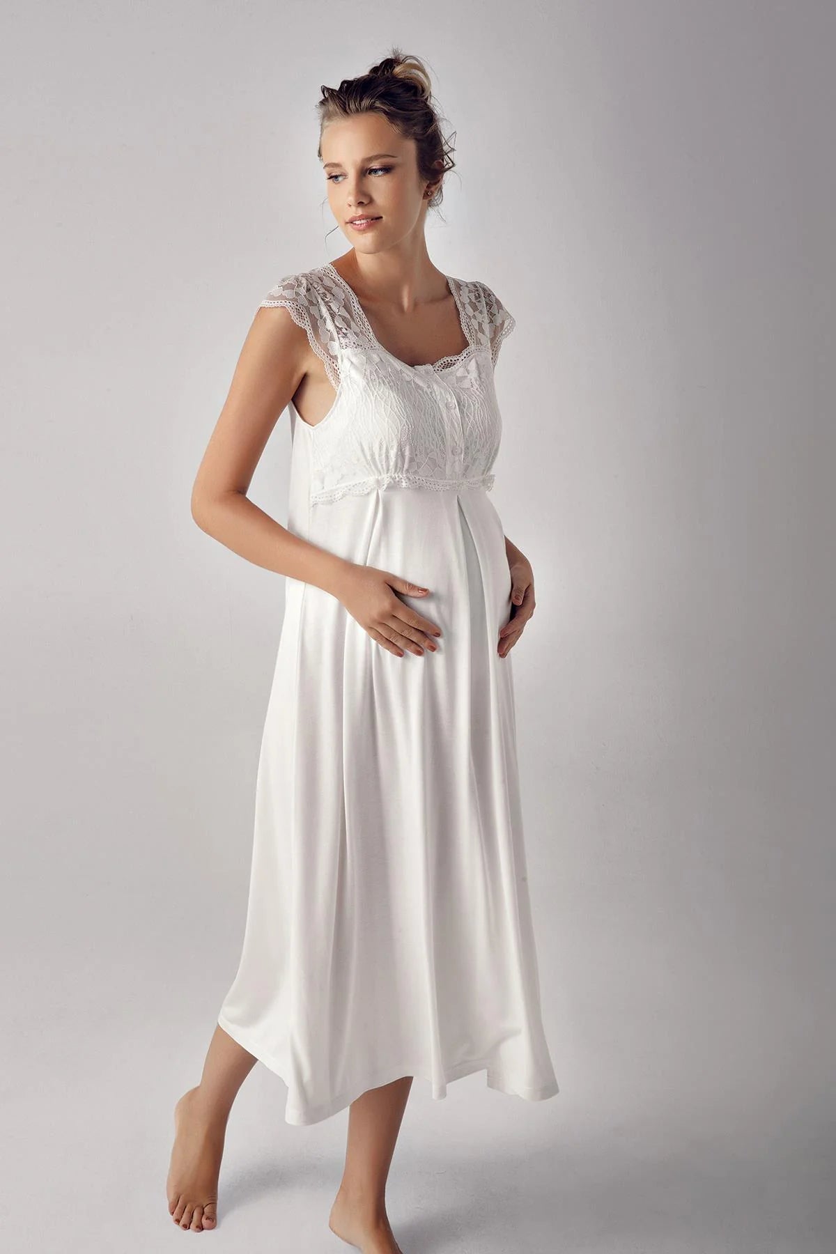 Shopymommy 13109 Lace Maternity & Nursing Nightgown Ecru