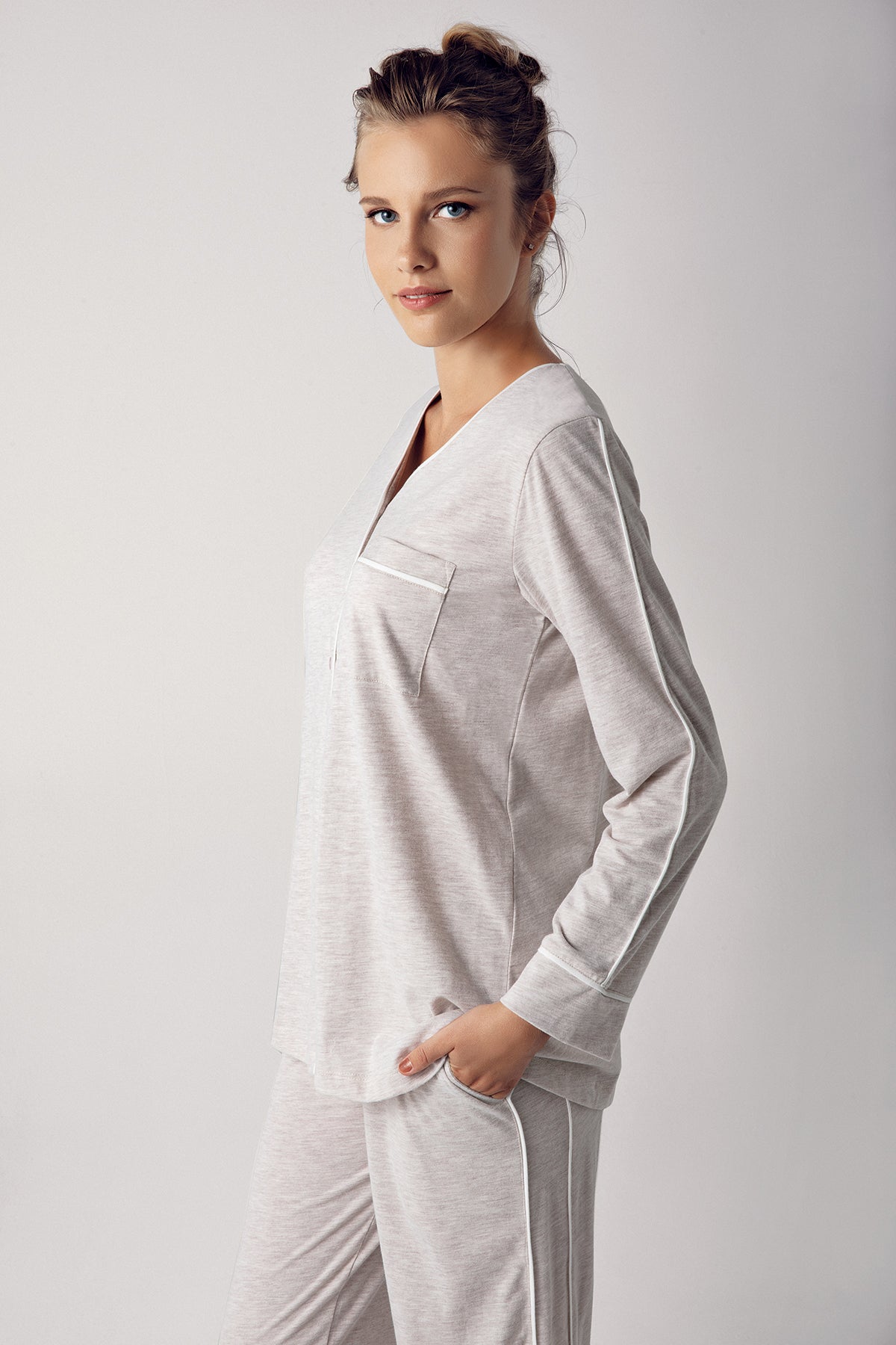 Shopymommy 13202 Melange Cotton Maternity & Nursing Pajamas Beige