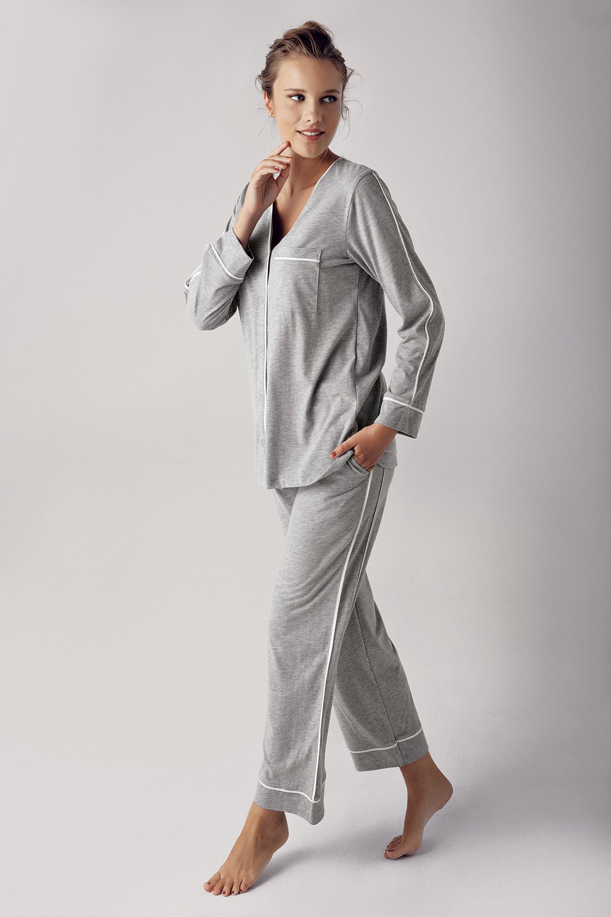 Shopymommy 13202 Melange Cotton Maternity & Nursing Pajamas Grey
