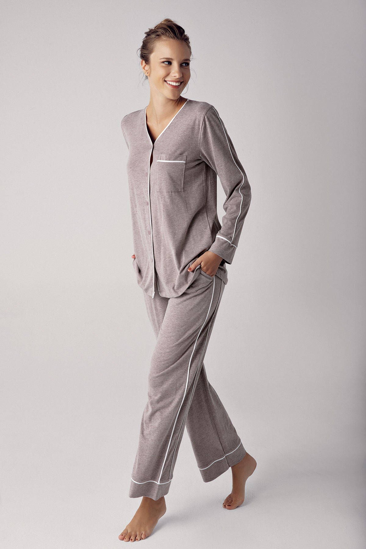 Shopymommy 13202 Melange Cotton Maternity & Nursing Pajamas Coffee