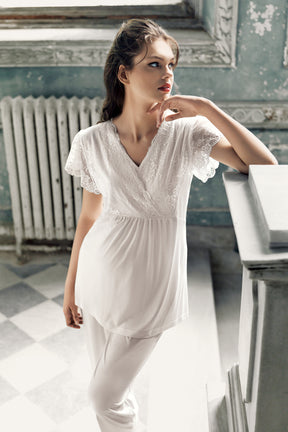Shopymommy 13208 Lace Sleeve Double Breasted Maternity & Nursing Pajamas Ecru