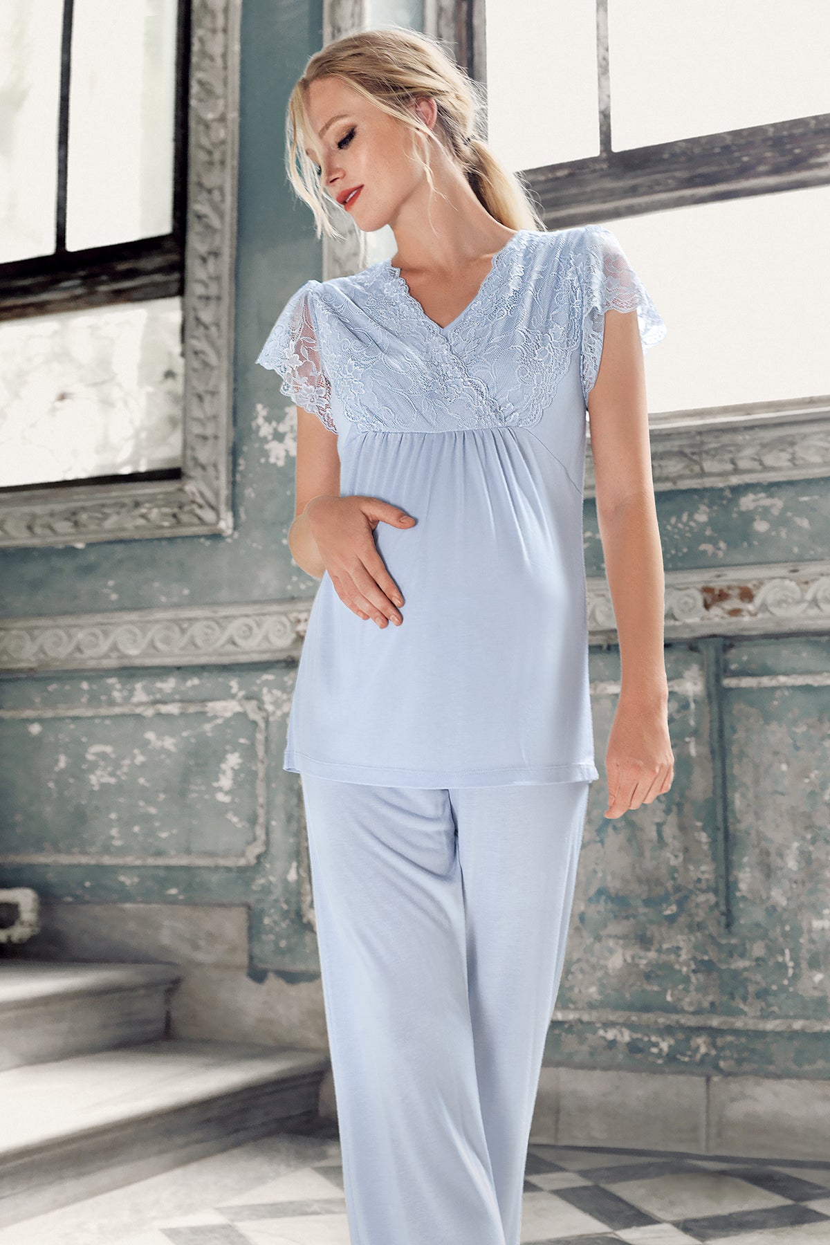 Shopymommy 13208 Lace Sleeve Double Breasted Maternity & Nursing Pajamas Blue