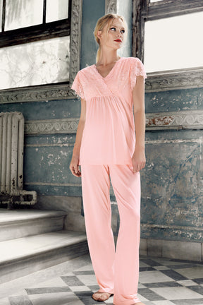 Shopymommy 13208 Lace Sleeve Double Breasted Maternity & Nursing Pajamas Powder