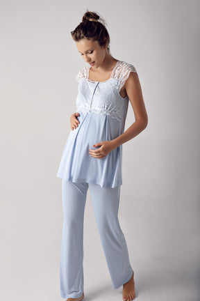 Shopymommy 13303 Lace 3-Pieces Maternity & Nursing Pajamas With Robe Blue
