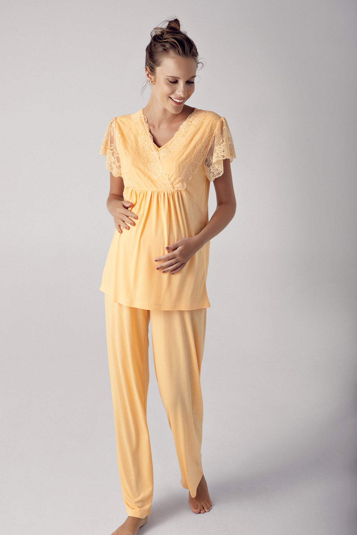 Shopymommy 13304 Lace Sleeve Double Breasted 3-Pieces Maternity & Nursing Pajamas With Robe Yellow
