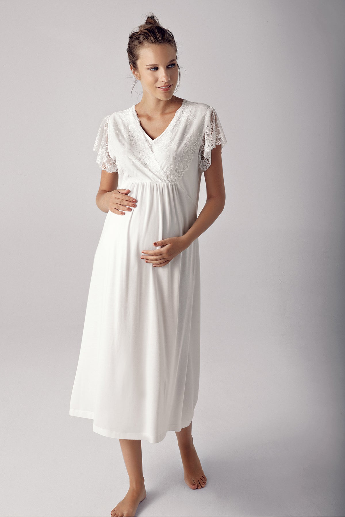 Shopymommy 13404 Lace Sleeve Double Breasted Maternity & Nursing Nightgown With Robe Ecru
