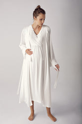 Shopymommy 13404 Lace Sleeve Double Breasted Maternity & Nursing Nightgown With Robe Ecru