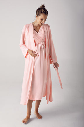 Shopymommy 13404 Lace Sleeve Double Breasted Maternity & Nursing Nightgown With Robe Powder