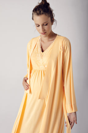 Shopymommy 13404 Lace Sleeve Double Breasted Maternity & Nursing Nightgown With Robe Yellow