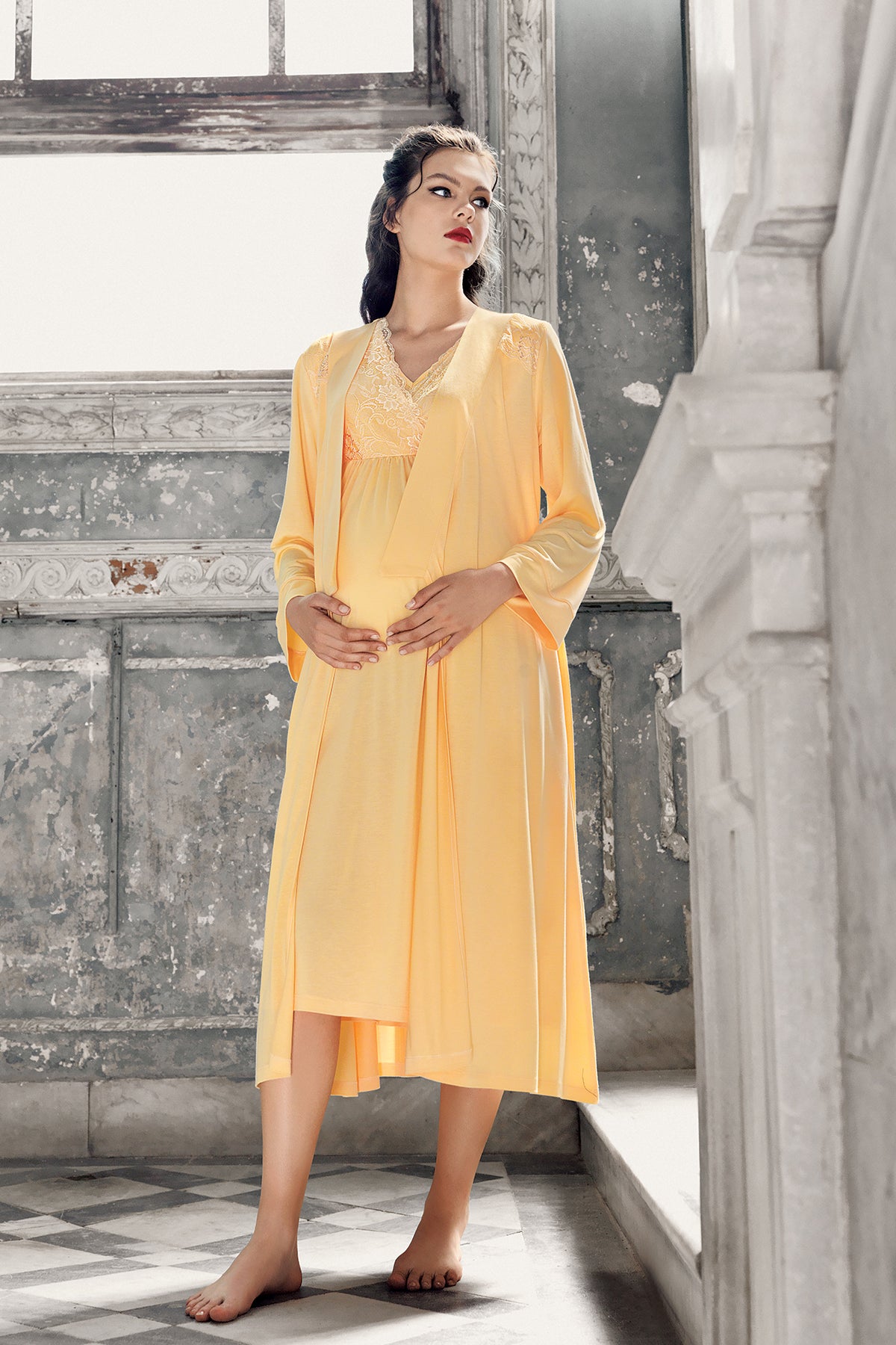 Shopymommy 13404 Lace Sleeve Double Breasted Maternity & Nursing Nightgown With Robe Yellow