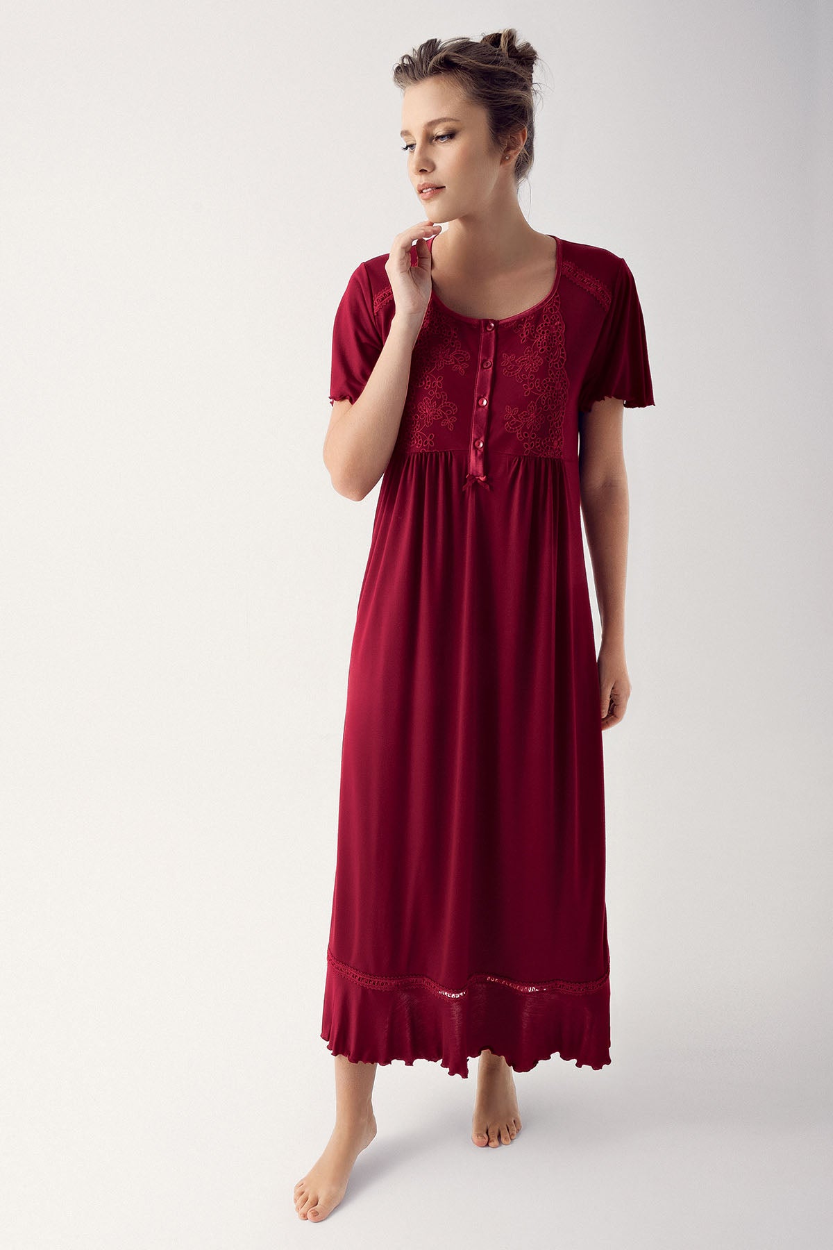 Shopymommy 14101 Collar And Skirt Detail Maternity & Nursing Nightgown Claret Red