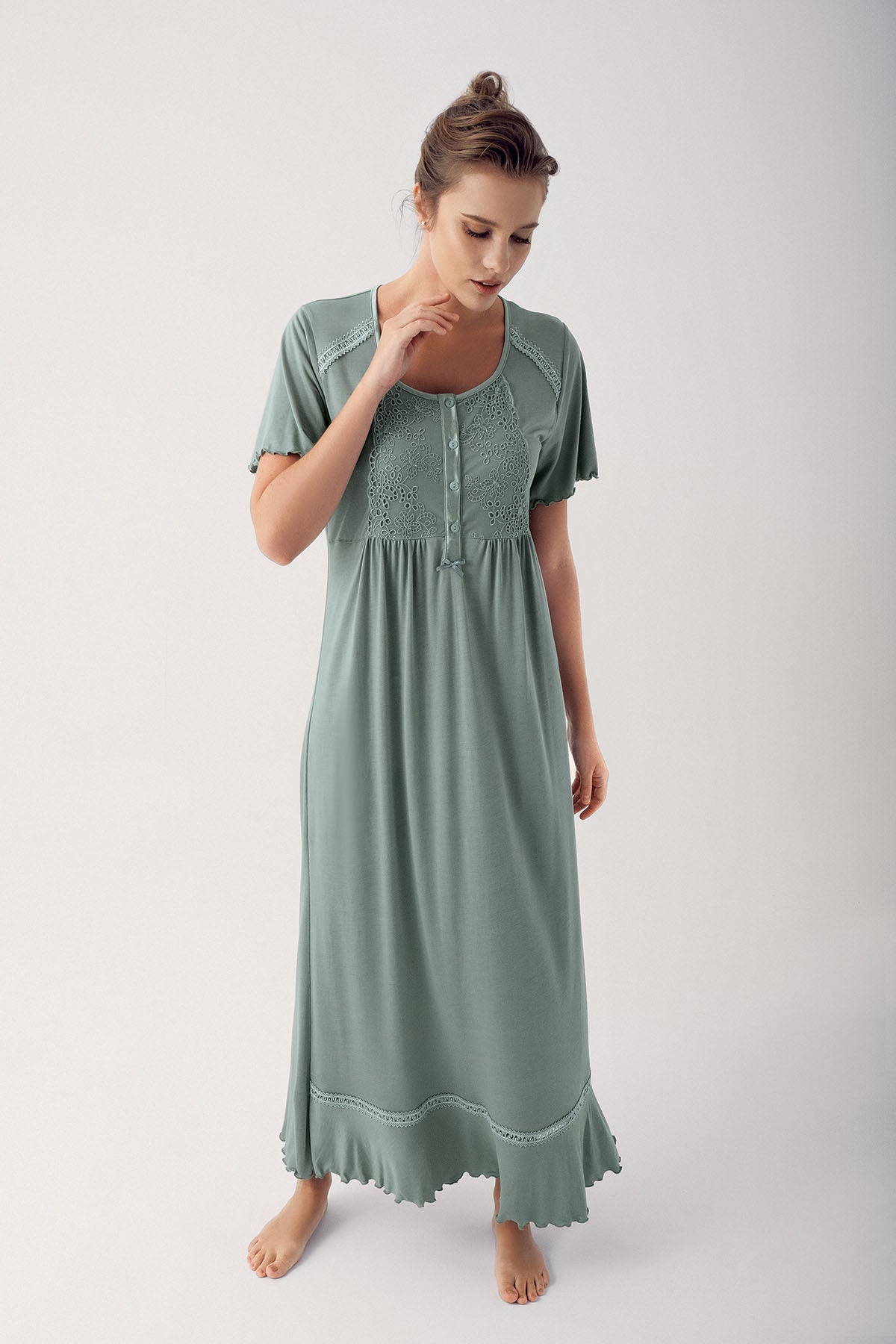 Shopymommy 14101 Collar And Skirt Detail Maternity & Nursing Nightgown Green