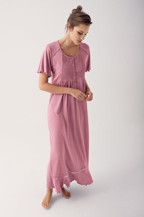 Shopymommy 14101 Collar And Skirt Detail Maternity & Nursing Nightgown Dried Rose