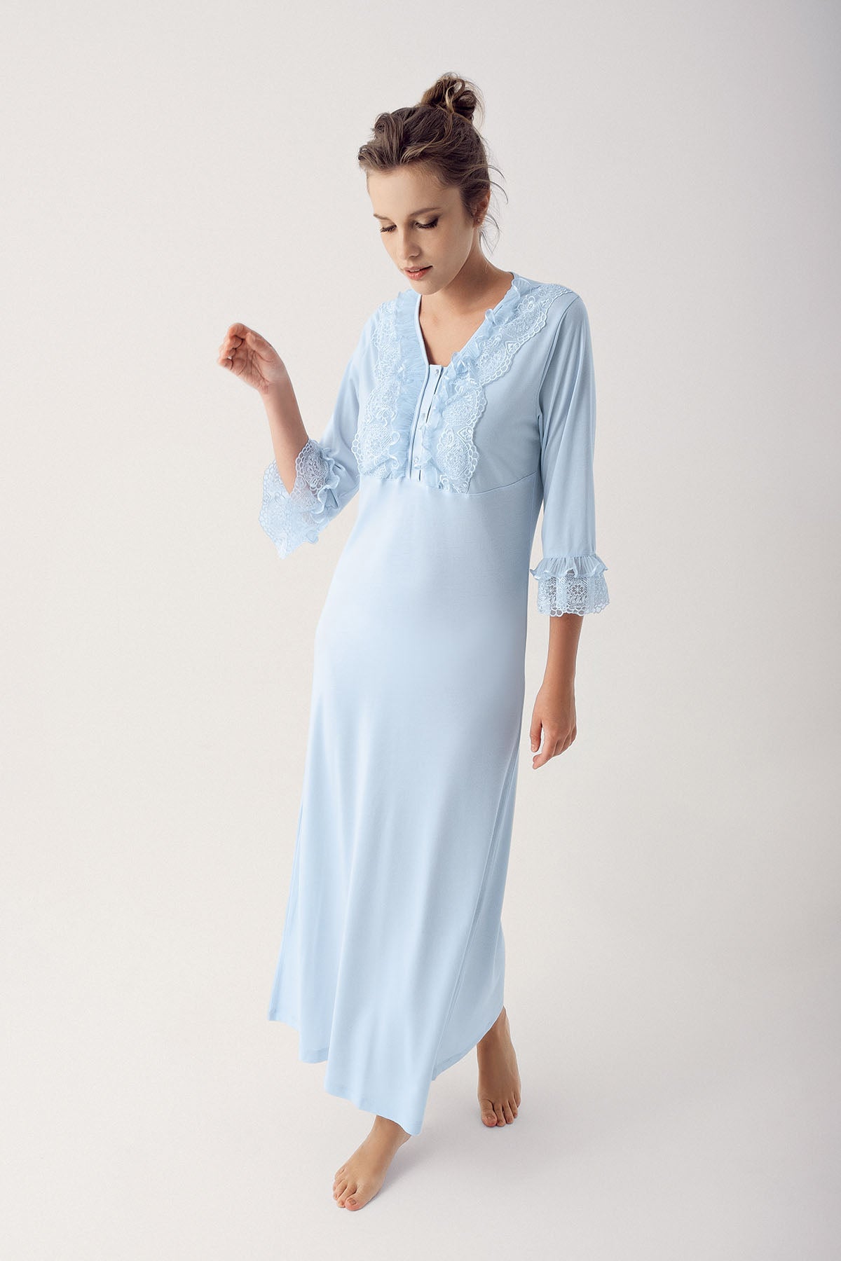 Shopymommy 14103 Leaf Lace Maternity & Nursing Nightgown Blue