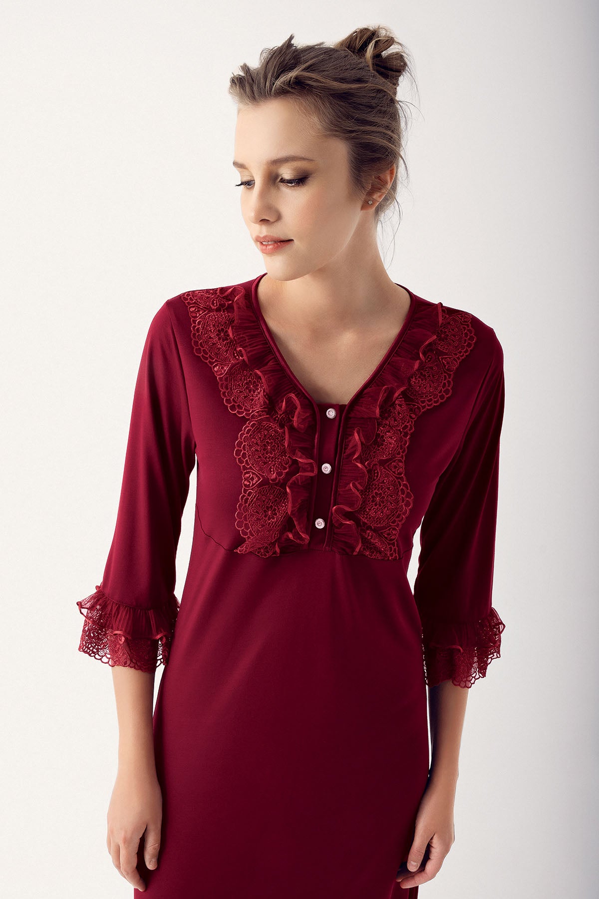 Shopymommy 14403 Leaf Lace Maternity & Nursing Nightgown With Robe Claret Red